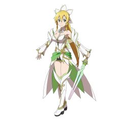 Rule 34 | 10s, 1girl, armpits, black skirt, blonde hair, boots, breasts, cleavage, detached sleeves, full body, green eyes, hair ornament, highres, holding, holding sword, holding weapon, leafa, long hair, looking at viewer, official art, pointy ears, ponytail, simple background, skirt, smile, solo, sword, sword art online, sword art online: code register, thigh boots, thighhighs, weapon, white background, white thighhighs