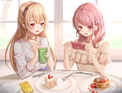 Rule 34 | 2girls, :d, bang dream!, bare shoulders, blonde hair, blueberry, blush, cake, cake slice, cellphone, collarbone, commentary request, cup, dress, drinking straw, drooling, eyebrows hidden by hair, food, fork, frilled shirt, frills, fruit, hair between eyes, hair ornament, hairband, hairclip, half updo, highres, holding, holding cup, holding phone, indoors, jewelry, knife, light rays, long hair, looking at another, looking at object, maruyama aya, menu, multiple girls, necklace, nogi momoko, off-shoulder shirt, off shoulder, open mouth, pancake, pancake stack, phone, pink eyes, pink hair, plate, shirasagi chisato, shirt, sidelocks, sitting, smartphone, smile, spoon, strawberry, strawberry shortcake, striped clothes, striped dress, sunbeam, sunlight, syrup, taking picture, upper body, vertical-striped clothes, vertical-striped dress, whipped cream, white day, window, yellow shirt