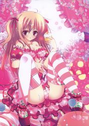 Rule 34 | 1girl, :p, absurdres, bare shoulders, blush, bra, breasts, brown hair, candy, cleavage, cupcake, floral print, food, hair ribbon, highres, icing, jewelry, layered skirt, lingerie, lollipop, long hair, looking at viewer, medium breasts, messy, miniskirt, natsuki coco, necklace, panties, pink skirt, plaid, plaid panties, plaid skirt, polka dot, polka dot skirt, print thighhighs, purple eyes, ribbon, shoes, sitting, skirt, solo, spread legs, striped clothes, striped thighhighs, thighhighs, tongue, tongue out, twintails, underwear, upskirt