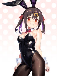 Rule 34 | 1girl, alternate costume, animal ears, bare arms, bare shoulders, black hair, black hairband, black leotard, black pantyhose, blush, bow, bowtie, breasts, brown eyes, commentary, contrapposto, covered navel, cowboy shot, detached collar, fake animal ears, gradient background, hair between eyes, hair ornament, hair ribbon, hairband, hairclip, highres, large breasts, leotard, long hair, looking at viewer, multicolored hair, onii-chan wa oshimai!, oyama mihari, pantyhose, parted lips, pink background, playboy bunny, polka dot, polka dot background, purple hair, red bow, red bowtie, red ribbon, ribbon, shiny clothes, shiny skin, simple background, smile, solo, strapless, strapless leotard, twintails, two-tone hair, uchi no hachiware, white background, wrist cuffs
