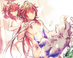 Rule 34 | 1boy, 1girl, alternate hairstyle, blonde hair, closed mouth, creature, fate/grand order, fate (series), fou (fate), frown, hetero, husband and wife, long hair, messy hair, multicolored hair, rama (fate), red eyes, red hair, satoimo (3311 mi), short hair, shower head, sita (fate), towel, white towel