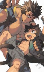 Rule 34 | 2boys, age difference, artist name, bara, brown eyes, brown hair, child, commentary request, dated, dog tags, fingerless gloves, gloves, highres, looking at viewer, monkey tail, multiple boys, muscular, muscular child, navel, onii-shota, original, sagami jon, shorts, simple background, tail, teeth, white background