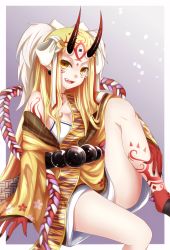 Rule 34 | 1girl, :d, absurdres, animal print, bare legs, blonde hair, border, breasts, cleavage, collarbone, colored skin, commentary request, eyelashes, facial mark, fate/grand order, fate (series), fingernails, forehead, gradient horns, grey background, hand on own leg, highres, horns, ibaraki douji (fate), japanese clothes, kimono, knee up, long hair, long sleeves, looking at viewer, multicolored horns, multicolored skin, off shoulder, oni horns, open mouth, outside border, print kimono, purple background, red horns, sharp fingernails, shiira (nya rl), single bare shoulder, sitting, slit pupils, smile, solo, tiger print, two-tone skin, white border, wide sleeves, yellow eyes
