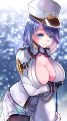 Rule 34 | 1girl, azur lane, bad id, bad pixiv id, black gloves, blue eyes, blue hair, blush, breasts, chapayev (azur lane), gloves, hair ornament, hairclip, hat, highres, jacket, large breasts, looking at viewer, military hat, mole, mole on breast, peaked cap, shibaebi (yasaip game), short hair, smile, solo, white hat, white jacket