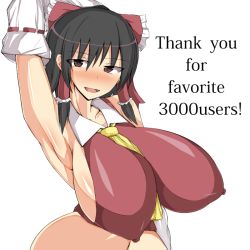 Rule 34 | 1girl, arm behind head, armpits, bare shoulders, between breasts, black hair, breasts, brown eyes, covered erect nipples, curvy, detached sleeves, female focus, hair ornament, hair ribbon, hair tubes, hakurei reimu, huge breasts, japanese clothes, miko, musuka (muska), navel, pointy breasts, ribbon, sagging breasts, sideboob, simple background, solo, standing, touhou, upper body, white background