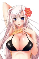 Rule 34 | 1girl, absurdres, armpits, bikini, black bikini, blue eyes, breasts, charlotte hazellink, cleavage, clothes lift, flower, hair flower, hair ornament, hibiscus, highres, komori kei, large breasts, long hair, looking at viewer, parted lips, princess lover, shiny skin, shirt lift, smile, solo, swimsuit, upper body