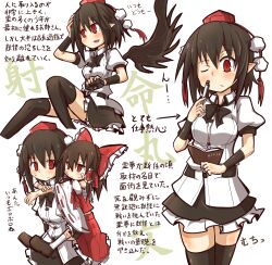 Rule 34 | 2girls, aged down, asyura kumo, bandaid, bandaid on face, bird wings, black bow, black bowtie, black hair, black skirt, black thighhighs, black wings, blood, blood on clothes, blush, bow, bowtie, brown hair, camera, carrying, chest sarashi, child, closed mouth, collared shirt, commentary request, cuts, detached sleeves, frilled bow, frilled hair tubes, frills, hair bow, hair tubes, hakurei reimu, hand on own head, hat, highres, holding, holding camera, holding notepad, holding pen, injury, medium hair, multiple girls, notepad, one eye closed, open mouth, pen, piggyback, pointy ears, pom pom (clothes), puffy short sleeves, puffy sleeves, red bow, red eyes, red headwear, red skirt, ribbon-trimmed sleeves, ribbon trim, sarashi, shameimaru aya, shirt, short sleeves, skirt, skirt set, smile, thighhighs, tokin hat, touhou, translation request, white shirt, wings
