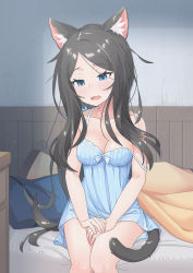 Rule 34 | 1girl, absurdres, aina (mao lian), animal ears, bed, bed sheet, black hair, blue eyes, breasts, cat ears, cat tail, cleavage, hands on own thighs, highres, lingerie, long hair, mao lian (nekokao), negligee, open mouth, original, pillow, sitting, solo, tail, underwear