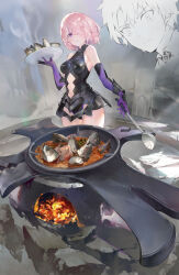 Rule 34 | 1boy, 1girl, absurdres, armor, bare shoulders, breasts, clothing cutout, cooking, elbow gloves, fate/grand order, fate (series), fish, fish head, food, fujimaru ritsuka (male), gloves, hair over one eye, highres, holding, holding ladle, holding plate, inset, ladle, lord camelot (fate), mash kyrielight, medium breasts, onacia, pink hair, plate, purple eyes, purple gloves, shield, short hair, stomach cutout, worried