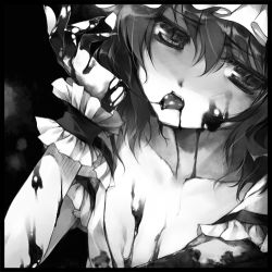 Rule 34 | 1girl, blood, chinchickrin, female focus, greyscale, hat, licking, lowres, monochrome, remilia scarlet, solo, tongue, touhou, wrist cuffs