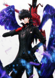 Rule 34 | 10s, 1boy, amamiya ren, arsene lupin iii, black hair, black pants, card, feathers, gloves, grey shirt, hair between eyes, hand in pocket, holding, holding card, long hair, male focus, pants, parted lips, persona, persona 5, purple feathers, red eyes, red gloves, shirt, smile, standing, white background