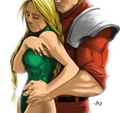 Rule 34 | 1boy, 1girl, alternate universe, armor, blonde hair, braid, breasts, cammy white, couple, height difference, hetero, hug, hug from behind, jeff diolata, leotard, long hair, m. bison, pauldrons, scar, shoulder armor, simple background, sleeves rolled up, street fighter, twin braids, white background