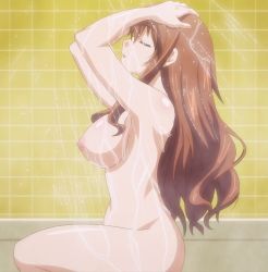 Rule 34 | 10s, 1girl, bathing, breasts, brown hair, highres, large breasts, long hair, misumi kei, nipples, nude, okusama ga seito kaichou!, solo
