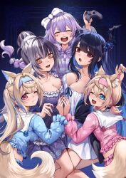 Rule 34 | 5girls, alternate costume, alternate hairstyle, animal ears, asymmetrical horns, black hair, black horns, blonde hair, blue eyes, blue hair, blue hairband, blue pajamas, blue shirt, blush, bow, breasts, cleavage, closed mouth, collarbone, commentary, curry bowl, demon girl, demon horns, dog ears, dog girl, dress, english commentary, fuwawa abyssgard, hair bow, hair flaps, hairband, highres, holding hands, holoadvent, hololive, hololive english, hood, hood down, hooded jacket, horns, jacket, jewel under eye, koseki bijou, large breasts, midriff, mococo abyssgard, mole, mole under eye, multicolored hair, multiple girls, nerissa ravencroft, nightgown, one eye closed, open mouth, pajamas, paw print, pink hair, pink hairband, pink pajamas, pink shirt, ponytail, purple hair, purple jacket, red eyes, shiori novella, shirt, siblings, sisters, sleepover, slit pupils, smile, split-color hair, streaked hair, striped clothes, striped jacket, uneven horns, virtual youtuber, white dress, white hair, yellow eyes, zipper pull tab