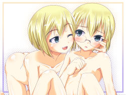 Rule 34 | 2girls, ass, blonde hair, blue eyes, blush, breasts, erica hartmann, flat chest, glasses, incest, multiple girls, nude, one eye closed, short hair, siblings, sisters, small breasts, strike witches, twincest, twins, ursula hartmann, wink, world witches series, yuri, yuusawa nozomu