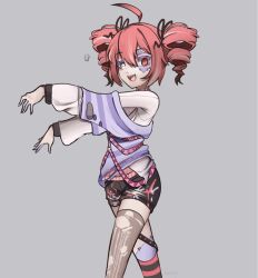 Rule 34 | 1girl, :3, ahoge, commentary request, drill hair, fang, hair ribbon, harness, heterochromia, ianxy2, kasane teto, layered clothes, long sleeves, off shoulder, open mouth, outstretched arms, paint splatter, pale skin, patchwork skin, pink hair, red eyes, ribbon, shirt, shorts, single thighhigh, solo, striped clothes, striped shirt, thighhighs, torn clothes, torn shirt, torn thighhighs, twin drills, utau, white eyes, zombie, zombie pose