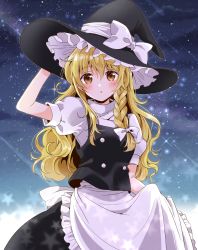 Rule 34 | 1girl, apron, apron hold, black hat, black skirt, black vest, blonde hair, blush, bow, braid, commentary request, hair bow, hand up, hat, hat bow, highres, kirisame marisa, long hair, looking at viewer, night, okawa friend, open mouth, outdoors, puffy short sleeves, puffy sleeves, shirt, shooting star, short sleeves, single braid, skirt, solo, sparkle, star (symbol), starry background, touhou, turtleneck, vest, white bow, white shirt, witch hat, yellow eyes