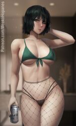 Rule 34 | 1girl, alcohol, bare shoulders, beer, beer can, bikini, black bikini, black hair, breasts, can, cleavage, covered erect nipples, drink can, fishnet pantyhose, fishnets, fubuki (one-punch man), green bikini, green eyes, green nails, indoors, large breasts, meekohopanes, nail polish, navel, one-punch man, one eye closed, pantyhose, solo, swimsuit, thick thighs, thighs, underboob