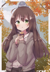 Rule 34 | 1girl, :c, black skirt, blush, border, branch, brown hair, colon br, cowboy shot, food, green eyes, grey jacket, grey shirt, hair between eyes, highres, holding, holding food, hood, hooded jacket, jacket, leaf, long hair, long sleeves, looking at viewer, open clothes, open jacket, open mouth, original, outside border, own hands together, raised eyebrows, roasted sweet potato, shirt, sidelocks, skirt, solo, straight hair, sweet potato, white border