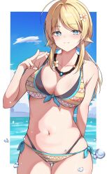 Rule 34 | 1girl, ahoge, arm behind back, asashin (asn), bare shoulders, bikini, blonde hair, blue eyes, blue sky, blush, breasts, cleavage, closed mouth, cloud, collarbone, cowboy shot, day, flower, front-tie bikini top, front-tie top, hachimiya meguru, hair flower, hair ornament, hand up, highres, idolmaster, idolmaster shiny colors, jewelry, large breasts, long hair, looking at viewer, low twintails, midriff, multicolored bikini, multicolored clothes, navel, necklace, ocean, orange flower, outdoors, side-tie bikini bottom, sky, smile, solo, splashing, standing, swimsuit, twintails, v
