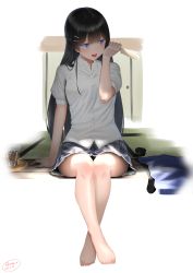 Rule 34 | 1girl, :d, absurdres, barefoot, black hair, black legwear, braid, cup, drinking glass, food, hair ornament, hairclip, highres, ice, ice cube, long hair, nijisanji, open mouth, popsicle, puffy sleeves, purple eyes, rushian, school uniform, sitting, skirt, smile, solo, sweat, sweater vest, tongue, tongue out, tray, tsukino mito, tsukino mito (3rd costume), unworn legwear, unworn vest, virtual youtuber