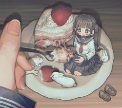 Rule 34 | + +, 1girl, black eyes, black hair, black skirt, blunt bangs, blush, cake, commission, food, fork, fruit, highres, holding, holding fork, long hair, long sleeves, looking away, mini person, minigirl, neckerchief, open mouth, original, pleated skirt, pov, pov hands, red neckerchief, rnfhv, seiza, sitting, skeb commission, skirt, strawberry, twintails