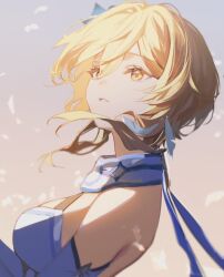 Rule 34 | 1girl, blonde hair, breasts, earrings, feather earrings, feathers, flower, from side, genshin impact, hair flower, hair ornament, highres, jewelry, looking up, lumine (genshin impact), medium breasts, outdoors, parted lips, short hair with long locks, sidelocks, solo, umenoume, upper body, yellow eyes