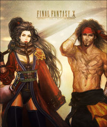 Rule 34 | 00s, 1boy, 1girl, abs, auron, bandages, bandana, beard, belt, black hair, boots, bottle, breasts, brown eyes, brown hair, chest tattoo, cleavage, coat, copyright name, dark skin, facial hair, final fantasy, final fantasy x, genderswap, genderswap (mtf), gloves, hand on own head, headband, high collar, hip focus, j (onose1213), jecht, legs, lips, lipstick, long hair, looking at viewer, makeup, muscular, one eye closed, overcoat, ponytail, red coat, red eyes, scar, small breasts, smile, standing, sword, tattoo, thigh boots, thighhighs, topless male, weapon