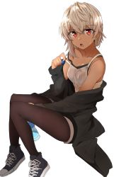 Rule 34 | 1girl, absurdres, bottle, coat, converse, dark skin, dark-skinned female, earrings, highres, jewelry, kazenoko, looking at viewer, open clothes, open coat, open mouth, original, pantyhose, red eyes, shoes, short hair, short shorts, shorts, sleeves past wrists, sneakers, solo, sweat, tan, tank top, water bottle, wet, wet clothes, white background, white hair