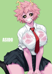 Rule 34 | 1girl, ashido mina, black sclera, black skirt, blush, bnc (bunshi), boku no hero academia, breasts, character name, collared shirt, colored sclera, colored skin, green background, grin, large breasts, looking at viewer, necktie, pink hair, pink skin, pleated skirt, shirt, short hair, short sleeves, sitting, skirt, smile, solo, thighs, wariza, wet, wet clothes, white shirt, yellow eyes
