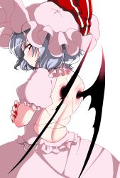 Rule 34 | 1girl, backless dress, backless outfit, bat wings, belc marron, blush, crossed arms, dress, fingernails, from behind, hair between eyes, hat, hat ribbon, highres, light purple hair, long fingernails, looking at viewer, mob cap, pink dress, puffy short sleeves, puffy sleeves, red eyes, remilia scarlet, ribbon, serious, short hair, short sleeves, simple background, solo, touhou, upper body, vampire, white background, wings
