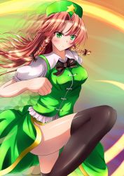 Rule 34 | 1girl, :o, afterimage, arm up, bad id, bad pixiv id, black thighhighs, blush stickers, bow, braid, breasts, chinese clothes, clenched hand, female focus, gradient background, green eyes, hair bow, hat, hong meiling, kaima, light trail, long hair, looking away, medium breasts, motion blur, parted hair, red hair, shirt, short sleeves, side slit, solo, star (symbol), thighhighs, touhou, twin braids, vest, wind