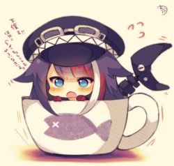 Rule 34 | 1girl, :o, azur lane, black hair, black hat, blue eyes, blush, chibi, cup, deutschland (azur lane), flight goggles, flying sweatdrops, gloves, goggles, goggles on headwear, hair flaps, hat, in container, in cup, long hair, multicolored hair, muuran, open mouth, peaked cap, red gloves, red hair, signature, solo, streaked hair, translated, very long hair, white hair