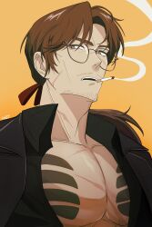 Rule 34 | 1boy, abs, absurdres, black shirt, brown eyes, brown hair, cigarette, collared shirt, facial hair, glasses, gregor (project moon), highres, limbus company, male focus, na sasum, ponytail, project moon, scar, scar on chest, scar on face, shirt, smoke, upper body, yellow background