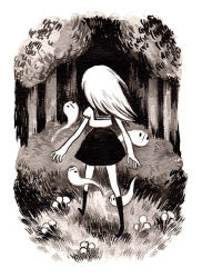 Rule 34 | 1girl, commentary, english commentary, forest, from behind, full body, ghost, grass, greyscale, heikala, inktober, kneehighs, long hair, monochrome, mushroom, nature, original, outdoors, path, road, sailor collar, shirt, short sleeves, skirt, socks, solo, tree, walking