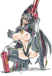 Rule 34 | 1girl, :d, bayonetta, bayonetta (series), black hair, bodysuit, breasts, breasts out, female focus, full body, glasses, gun, hair bun, high heels, kitune (artist), large breasts, long hair, midriff, navel, nipples, open mouth, puffy areolae, red eyes, red ribbon, ribbon, shoes, single hair bun, smile, solo, squatting, thighhighs, tongue, very long hair, weapon, white background