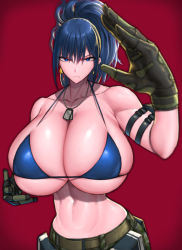 Rule 34 | 1girl, bikini, bikini top only, blue hair, breasts, cleavage, fighting stance, huge breasts, leona heidern, midriff, military, navel, pants, ponytail, serious, snk, solo, swimsuit, the king of fighters, toned, underboob