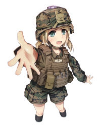 Rule 34 | 1girl, absurdres, adapted uniform, blonde hair, blush, camouflage, fang, from above, green eyes, helmet, highres, load bearing vest, looking at viewer, looking up, military, military uniform, open mouth, original, outstretched hand, short hair, short twintails, shorts, simple background, smile, soldier, solo, tanto (tc1995), tc1995, twintails, uniform, united states, war, white background