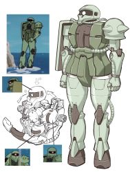 Rule 34 | cable, clenched hands, gundam, highres, keuma, mecha, mobile suit gundam, mobile suit gundam: cucuruz doan&#039;s island, one-eyed, parody, quality, reference inset, robot, science fiction, standing, water, zaku ii, zeon