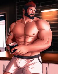 Rule 34 | 1boy, abs, absurdres, bara, beard, black hair, bulge, cup, facial hair, final fantasy, final fantasy xiv, frown, full beard, highres, large pectorals, looking at viewer, male focus, mature male, mismatched beard, mug, multicolored hair, muscular, muscular male, nipples, pectorals, red hair, roegadyn, short hair, solo, spiked hair, strongman waist, thick beard, thick eyebrows, topless male, two-tone hair, warrior of light (ff14), zunzunhu