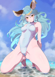 Rule 34 | 1girl, absurdres, animal ears, arm support, arms behind back, bare shoulders, barefoot, beach, bikini, blue hair, blue sky, blush, breasts, closed mouth, cloud, covered erect nipples, covered navel, ear piercing, erune, ferry (granblue fantasy), gluteal fold, granblue fantasy, highres, inuinuo gataken, kneeling, long hair, looking at viewer, midriff, ocean, piercing, sand, signature, skin tight, skindentation, sky, smile, solo, swimsuit, thick thighs, thigh strap, thighs, white bikini, yellow eyes