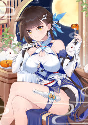 Rule 34 | 1girl, absurdres, bare shoulders, breasts, brown eyes, brown hair, chair, china dress, chinese clothes, cleavage, cleavage cutout, closed mouth, clothing cutout, dress, elbow gloves, fingerless gloves, food, fork, full moon, gloves, hair ornament, highres, holding, holding fork, honkai (series), honkai impact 3rd, indoors, large breasts, li sushang, li sushang (jade knight), looking at viewer, medium breasts, moon, mooncake, qingxiao kiyokiyo, rabbit, sitting, smile, solo, white dress, white gloves, window