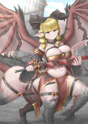 Rule 34 | 1girl, absurdres, ass, bandeau, bare shoulders, black collar, blonde hair, blue sky, blunt bangs, breasts, broken pillar, centauroid, claws, cleavage, closed mouth, cloud, collar, collarbone, commentary request, day, detached sleeves, dragon girl, dragon horns, dragon tail, dragon wings, hair ribbon, highres, holding, holding sword, holding weapon, horns, large breasts, monster girl, multiple legs, navel, original, outdoors, pelvic curtain, plump, pointy ears, quad tails, red bandeau, red eyes, red ribbon, red sleeves, ribbon, ruins, skindentation, sky, slit pupils, solo, standing, standing on three legs, stomach, sunlight, sword, tail, taur, thigh strap, thorns, tress ribbon, weapon, wide sleeves, wings, yukki (uuws4345)