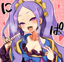 Rule 34 | blush, breasts, candy, cleavage, dress, fate (series), food, licking, nada haruka, purple eyes, purple hair, saliva, small breasts, tongue, tongue out, twintails, wu zetian (fate)