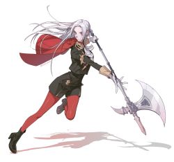 Rule 34 | 1girl, axe, cape, closed mouth, edelgard von hresvelg, fire emblem, fire emblem: three houses, full body, garreg mach monastery uniform, gloves, hair ornament, hair ribbon, long hair, looking at viewer, nintendo, pantyhose, penguyeon, purple eyes, red cape, ribbon, shorts, simple background, solo, uniform, weapon, white background, white hair
