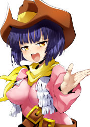 Rule 34 | 1girl, belt, black hair, blush, breasts, brown hat, character request, copyright request, covered erect nipples, cowboy hat, fringe trim, hat, highres, large breasts, long sleeves, looking at viewer, open mouth, pink shirt, scarf, shimejinameko, shirt, short hair, simple background, smile, solo, white background, yellow eyes, yellow scarf