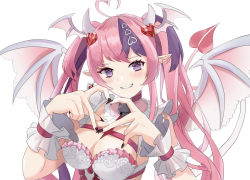 Rule 34 | 1girl, bat wings, bell, black nails, blush, breasts, chest belt, cleavage, collar, commentary, demon girl, demon horns, demon tail, demon wings, dress, frilled collar, frilled dress, frills, hair ornament, head wings, heart, heart hair ornament, heart hands, highres, horns, ironmouse, ironmouse (demon form), iyori, jingle bell, long hair, looking at viewer, medium breasts, multicolored hair, nail polish, pink collar, pink dress, pink hair, pointy ears, purple eyes, purple hair, smile, streaked hair, symbol-only commentary, tail, twintails, virtual youtuber, vshojo, white wrist cuffs, wings, wrist cuffs