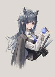 Rule 34 | 1girl, absurdres, animal ear fluff, animal ears, arknights, black cape, black hair, black vest, blue eyes, blue gloves, cape, cigar, commentary request, cropped torso, ear piercing, eyebrows hidden by hair, fingerless gloves, gloves, grey background, hair between eyes, hand up, highres, holding, holding cigar, long hair, nobigmouse, parted lips, piercing, shirt, simple background, solo, sword, texas (arknights), texas the omertosa (arknights), upper body, very long hair, vest, weapon, white shirt