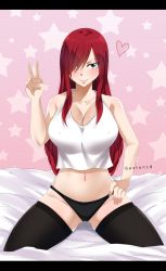 Rule 34 | 1girl, absurdres, bare shoulders, black panties, black thighhighs, blush, breasts, cleavage, collarbone, erza scarlet, fairy tail, gaston18, hair over one eye, heart, highres, kneeling, long hair, looking at viewer, navel, panties, red hair, smile, solo, thighhighs, underwear, v