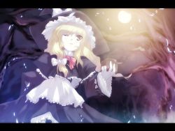 Rule 34 | 1girl, bare tree, blonde hair, bow, female focus, frills, from below, glowing, hat, kirisame marisa, letterboxed, long hair, night, one eye closed, solo, tokiame, touhou, tree, witch hat, yellow eyes